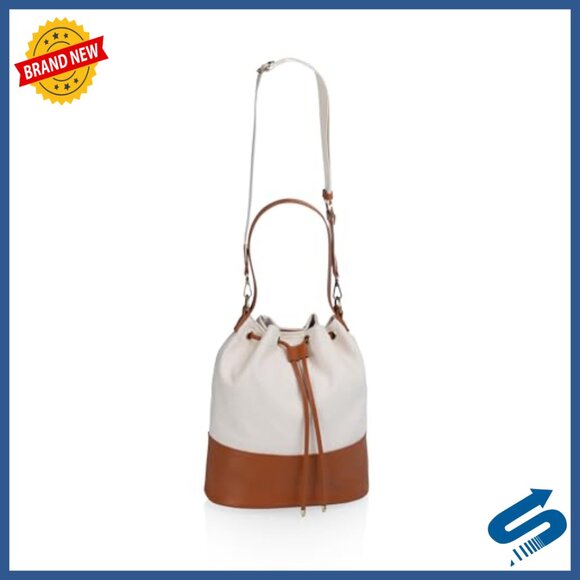 Canvas & Vegan Leather Tote with Drawstring Closure, Adjustable Strap - Picture 3 of 7